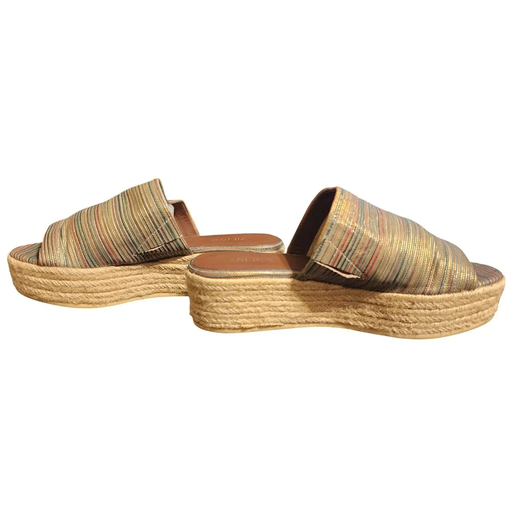 Vince Solana Gold Metallic Multi Striped Espadrille Platform Slide Sandals 5.5